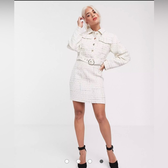 ASOS Petite Exaggerated Sleeve Boucle Blazer & Mini Skirt - Picture 3 of 16